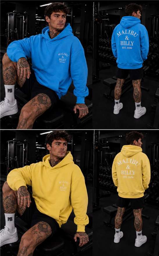 Blue Lagoon and Lemon Drop hoodies in the gym